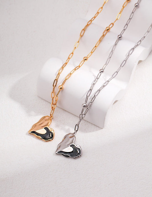 Black Enamel Sterling Silver Necklace Heart Shape - Crystal Together
