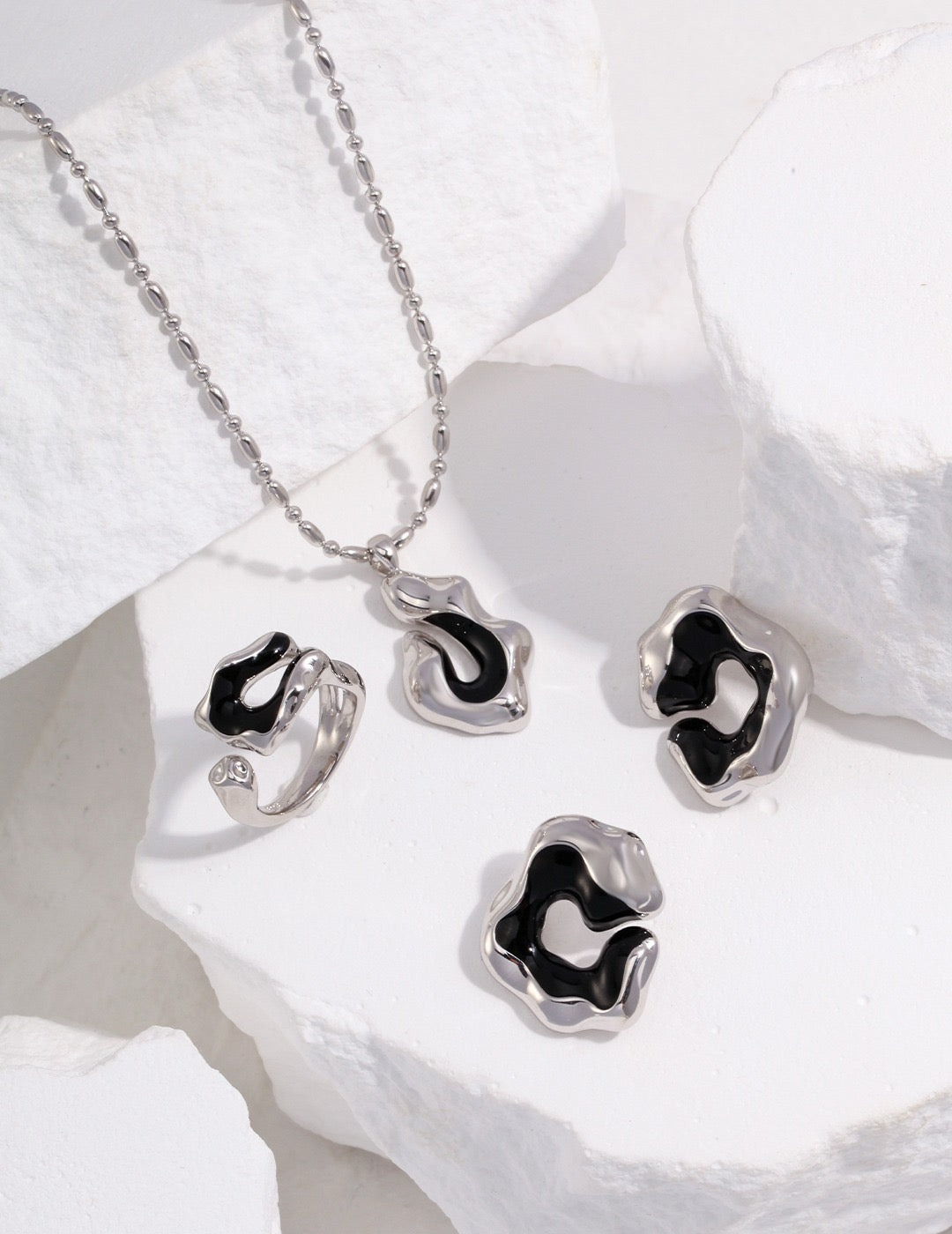 Irregular Sculptural Enamel Ring and Necklace - Crystal Together