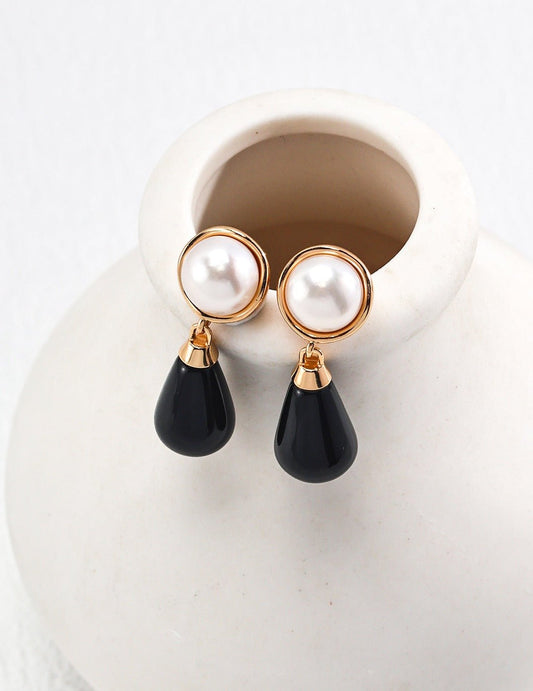 Pearl and Black Onyx Dangle Earrings - Crystal Together