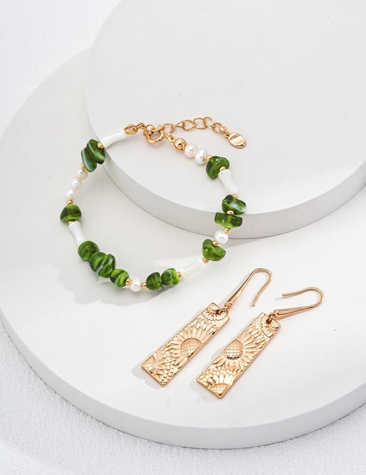 Sterling Silver Bracelet featuring Green Resin Stone, Natural Pearls, and Shell Beads - Crystal Together