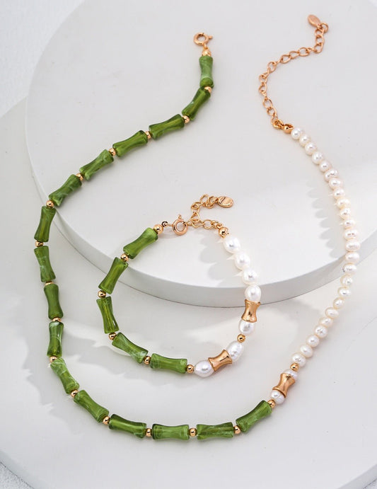 Sterling Silver Resin Stone Bamboo Design with Natural Pearls Bracelets and Necklace Set - Crystal Together